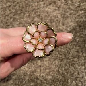Pink and Gold Floral Brooch with Crystal Accent